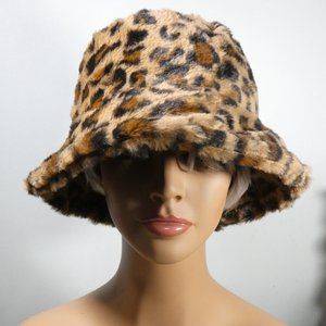 Fabulous, Fun, Stylish SOFT Warm Faux Fur Leopard Print Bucket Hat Camel